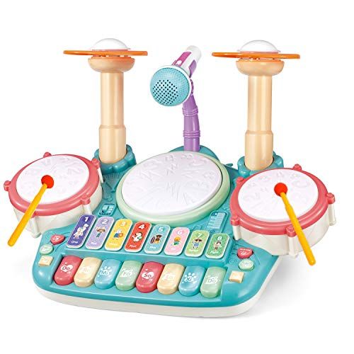  [아마존베스트]TOONEV Baby Musical Instruments Toys,Kids Drum Set Electronic Piano Keyboard and Xylophone 3 in 1 Multifunction Toddler Toys with Drum Sticks Microphone and Light Musical Toys Gift
