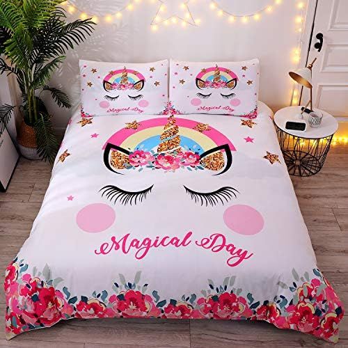  [아마존베스트]DEERHOME Cute Flower Unicorn Kids Bedding White Pink Golden Ears Unicorn 3 Pieces Bedding Duvet Cover Sets Gifts for Teens and Girls,Twin Size