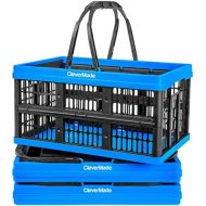 [아마존베스트]CleverMade Collapsible Plastic Grocery Shopping Baskets: Small Folding Stackable Storage Containers/Bins with Handles, Pack of 3, Bright Blue/Black