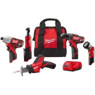 Milwaukee 2498-25 M12 12V Cordless 5-Tool Combo Kit: 2407-20 3/8 in.Drill/Driver + 2462-20 1/4 in. Hex Impact Driver+2420-20 Hackzall Recip Saw+2457-20 3/8 in.Ratchet+49-24-0146 LED Worklight,YKGAV
