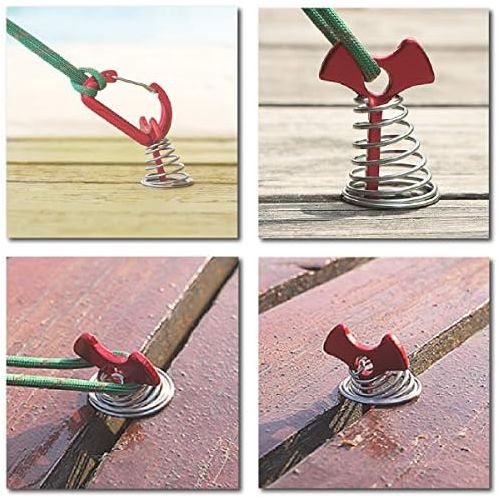  TRIWONDER 6pcs Deck Plank Board Tent Stakes Aluminum Spring Anchor Fishbone Guyline Cord Adjuster Tent Pegs with Carabiners for Outdoor Camping Hiking (Red Spring Nails + Carabiner