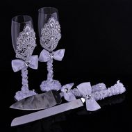 TMG Elegant Wedding Cake Knife and Server and Wine Glass Set with Lace and Glass Crystal Wedding Dress Decoration Novelty Gift