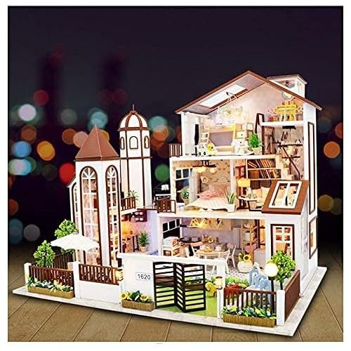  WYD Large Villa Assembly kit, Modern Architectural Model,Three/ Four-Story Doll House Wood, LED Lamp Furniture, for Gift Collection (Love You All The Way)