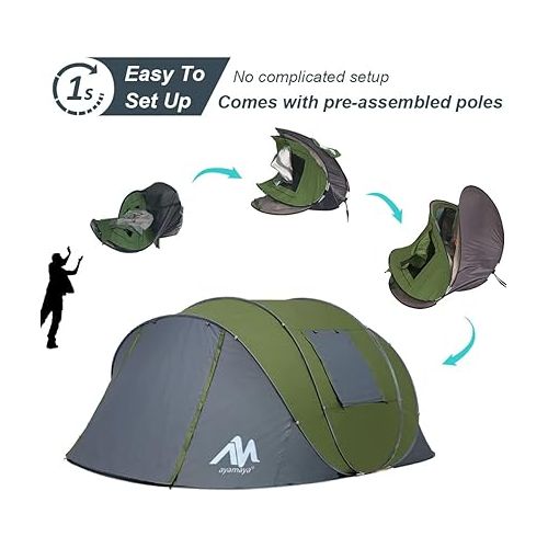  6 Person Easy Pop Up Tents for Camping - AYAMAYA Double Layer Waterproof Instant Tent with Vestibule & Porch, Large Size Family Tent Automatic Setup for 4-6 People Camping Hiking (Poles Included)