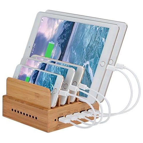  [아마존베스트]Yisen Handy Wooden USB Charging Station for Smartphones with 5 Ports for iPhone, iPad, Universal Phones, Tablets and Other USB Devices (with Power Cord)