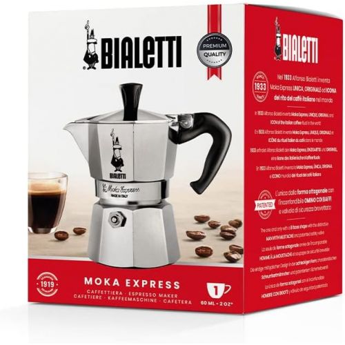  Bialetti - Moka Express: Iconic Stovetop Espresso Maker, Moka Pot 1 Cup (2 Oz - 60 Ml), Aluminium, Silver