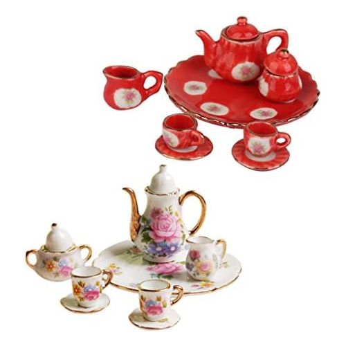  MagiDeal 8 Stueck Miniatur Puppenhaus ESS Geschirr Porzellan Tee Set Teller Tasse Teller rosa Rose