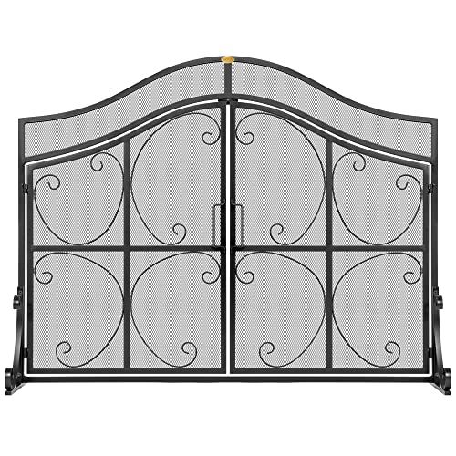비보 VIVOHOME 43.3 x 34 Inch Wrought Iron Fireplace Screen with Doors Metal Decorative Mesh Fire Spark Large Flat Guard Gate Cover Fireplace Barrier Panels Black
