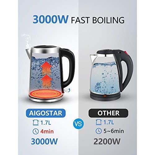  Aigostar Rob 30IGQ - Elektrischer Wasserkocher, 3000Watt, 304 Food Grade Edelstahl, 3000Watt, 1,7 Liter, trocknender Schutz beim Kochen, BPA frei.EINWEGVERPACKUNG.