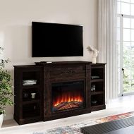 BELLEZE Modern 70 Inch Electric Fireplace Mantel TV Stand & Media Entertainment Center for TVs up to 68 Inches with Energy Efficient Heater and Side Book Shelves Lenore (Brown)