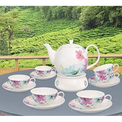  Marke: Buchensee Buchensee Teeservice aus Fine Bone China Porzellan. Teekanne 1,5l mit stilvollem Blumendekor, 6 Teetassen, 6 Unterteller und Stoevchen.