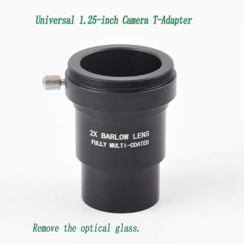  Gosky 1.25 Inch 2X Fully Blackened Metal Barlow Lens and Camera T Adapter for Telescopes Eyepiece - Accept 1.25inch Filters-Also Can Be Used for Astronomical Photography - Coated