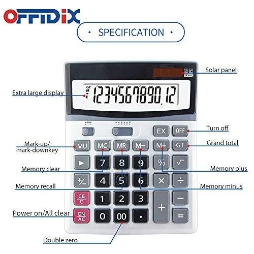  OFFIDIX Large Key Calculators Office Desktop Calculator, Dual Power Electronic Calculator Portable 12 Digit Large LCD Display Calculator Desk Calculator for Handheld for Daily and
