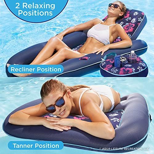  AQUA Campania Ultimate 2 in 1 Recliner & Tanner Pool Lounger with Adjustable Backrest and Caddy, Inflatable Pool Float, Navy Hibiscus