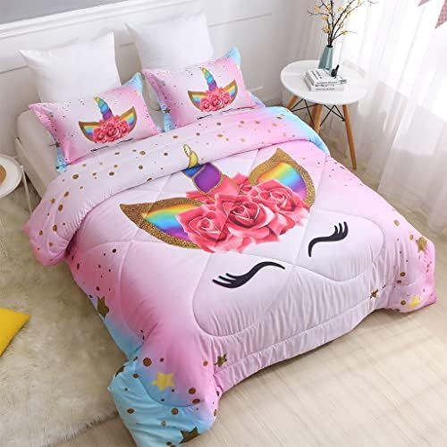  [아마존베스트]SIRDO Magical Unicorn Ultra Soft Girls Comforter Set Pink Twin Size Microfiber 3 Piece Bed Set for Teen Girls with Sparkle Stars Ombre Bedding Sets Machine Washable