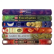 인센스스틱 HEM Variety Pack of 6 Incense Sticks Boxes - Opium, Eucalyptus, The Moon, Precious Rose, White Sage, Amber Sandal for Prayers, Meditation, Yoga, Peace, Positivity Room Freshener -