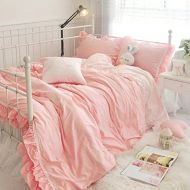 LELVA Girls Duvet Cover Set Pink Cotton Romantic Solid Color Lace Ruffle Design Bedding Full Size 4 Piece