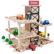 Imagination Generation Downtown Deluxe Wooden Parking Garage Ramp & Service Station Playset with Elevator, Signs & Accessories for Mini Toy Cars (19 pcs)