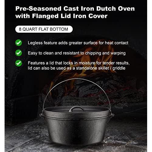 Bruntmor Pre Seasoned Cast Iron Dutch Oven with Flanged Lid Iron Cover, for Campfire or Fireplace Cooking Pre Seasoned Camping Cookware Flat Bottom 8 Quart