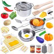 JOYIN 29 Pcs Play Kitchen Accessories Kids Pots and Pans Playset, Toy Kitchen Sets with Stainless Steel Cookware Set, Cooking Utensils, Apron&Chef Hat and Grocery Play Food Sets, G