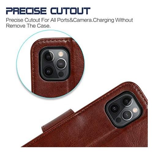  [아마존베스트]Arae for iPhone 12 Pro max Case with Credit Card Holder and Wrist Strap (Brown)