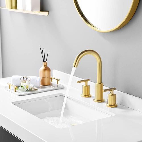 2 Handles 8 Inch Widespread BathroomFaucets, Brushed Gold Bathroom Sink Faucet with Valve and Metal Pop-Up Drain by Phiestina,WF003-1-BG