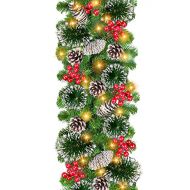 TURNMEON 9 Foot by 10 Inch Christmas Garland with 100 Lights Timer 8 Modes,Christmas Decoration Pinecones 198 Berries Battery Operated Xmas Wreath for Indoor Outdoor Mantle Firepla