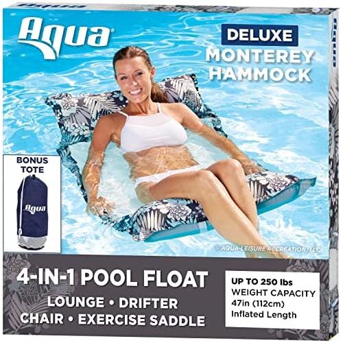  Aqua Deluxe Resort Quality Monterey Hammock, 4-in-1 Multi-Purpose Inflatable Pool Float (Saddle, Lounge Chair, Hammock, Drifter), Washable Premium Fabric, Stow-n-Go Tote Bag, Antig