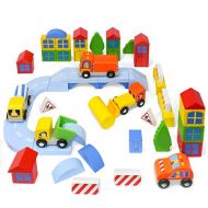 Kidzlane Wooden Construction Site Building Blocks - 50 Pc Wood Block Variety Set with Vehicles, Bridge + More in Storage Bucket - Brightly Painted, Safe & Non-Toxic for Toddlers &