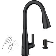 Moen Haelyn Matte Black Touchless Single-Handle Pull-Down Sprayer Kitchen Faucet with Soap Dispenser, Features Power Clean for a Faster Wash, 87627EWBL