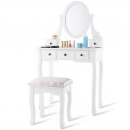 Giantex White Bathroom Vanity Jewelry Makeup Dressing Table Set W/Stool Mirror Wood Desk (5 Drawers)