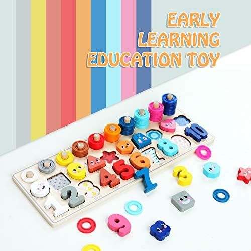  [아마존베스트]QZMTOY QZM Wooden Montessori Toys for Kids, Toddler Number Puzzles Sorter Counting Shape Stacker Stacking Game Preschool Toys for Boy Girl Learning Education Math Blocks Chunky Puzzles Gi