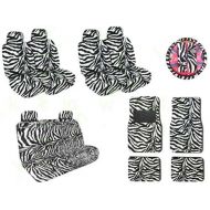 Yupbizauto Complete Safari Zebra Low Back Bucket Car Van SUV Seat Covers, Rear Bench Cover, Steering Wheel Covers Shoulder Pads and Floor Mats Set Total 19 Pieces with Bonus 24 CD Capacity St