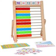 KIDWILL Preschool Learning Toy, 10-Row Wooden Frame Abacus with Multi-Color Beads, Counting Sticks, Number Alphabet Cards, Math Calculating Tool Toy Gift for 2 3 4 5 6 Years Old To