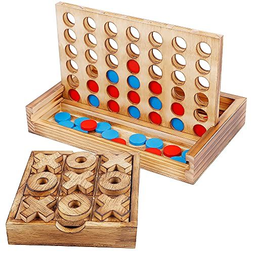  Glintoper Tic Tac Toe & 4 in a Row Tables Game Set, Classic Board Line Up 4 Game for Living Room Rustic Table Decor and Use as Game Top Wood Guest Room Decor Strategy Board Games f