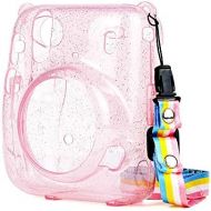 QUEEN3C Instant Mini 11 Protective Case, Designed for Mini 11 Instant Camera, with Adjustable Rainbow Shoulder Strap. (Clear Case, Pink Glitter Transparent)