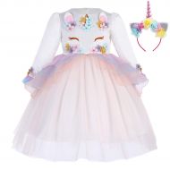 OwlFay Girls Unicorn Dress up Costume Long Sleeve Birthday Wedding Party Princess Dresses Gown Flower Headband Outfit for Kids