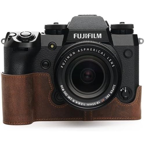  Fuji X-H1 Case, BolinUS Handmade Genuine Real Leather Half Camera Case Bag Cover for Fujifilm Fuji X-H1 XH1 Digital Camera Bottom Opening Version + Hand Strap -Desert Brown