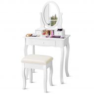 Giantex Vanity Set with Mirror and Padded Stool, Multi-Functional Dual Use Desk Vanity, Girls Women Gift Wood Style Makeup Dressing Table Bench Set, Bedroom Vanities with 3 Drawers