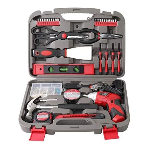  [아마존베스트]Apollo Tools DT0773 135 Piece Complete Household Tool Kit with 4.8 Volt Cordless Screwdriver and Most Useful Hand Tools and DIY accessories, Red