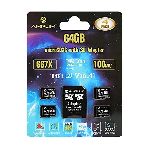  Amplim 64GB Micro SD Card, 4 Pack Extreme High Speed MicroSD Memory Plus Adapter, MicroSDXC U3 Class 10 V30 UHS-I Nintendo-Switch, Go Pro Hero, Surface, Phone Galaxy, Camera Securi