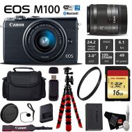 Canon EOS M100 Mirrorless Digital Camera (Black) with 15-45mm Lens + Flexible Tripod + UV Protection Filter + Professional Case + Card Reader - International Version