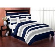 Sweet Jojo Designs 3-Piece Navy Blue, Gray and White Childrens, Teen Full/Queen Boys Stripe Bedding Set Collection