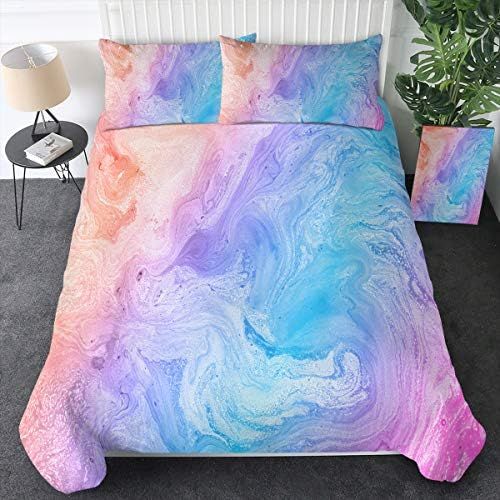  [아마존베스트]Sleepwish Modern Pastel Tie Dye Bedding Colorful Marble Duvet Cover Twin Blue Purple Modern Bedspreads Kids Teens Girls 3 Piece Trendy Bed Set