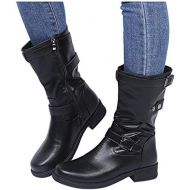 [아마존베스트]ZBYY Womens Mid Calf Boots Winter Round Toe Flat Low Block Heel Buckle Strap Faux Leather Zipper Riding Booties