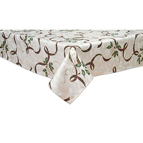 레녹스 Lenox 7276084OBLMLT Holiday Nouveau Ribbon 60 by 84 Inch Oblong Tablecloth, 60 x 84, White