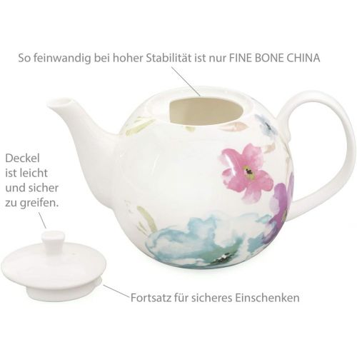  Buchensee Kaffeeservice aus Fine Bone China Porzellan. Tee- / Kaffeekanne 1,5l mit stilvollem Blumendekor, 2 Kaffeetassen, 2 Unterteller und Stoevchen.