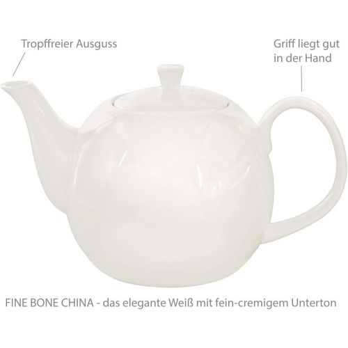  Buchensee Teeservice aus Fine Bone China Porzellan. Teekanne in fein-cremigem Weiss mit 1,5l Fuellvolumen, 4 Teetassen und 4 Unterteller.