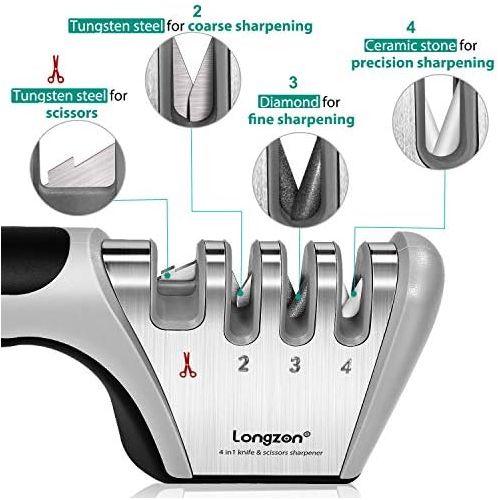  [아마존베스트]longzon Knife Sharpener, 4 Stages Manual Knife Sharpener with Anti-Cutting Gloves for Coarse Sharpening and Scissors Grinding, Diamond for Fine Sharpening and Special Ceramic for P