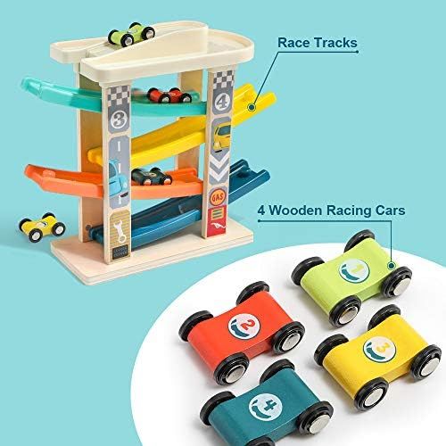  TOP BRIGHT Toddler Toys Race Track for 1-2 Years Old Boy Gifts - Baby Car Toy Car Ramp Vehicle Playsets with 4 Wooden Cars & Garage
